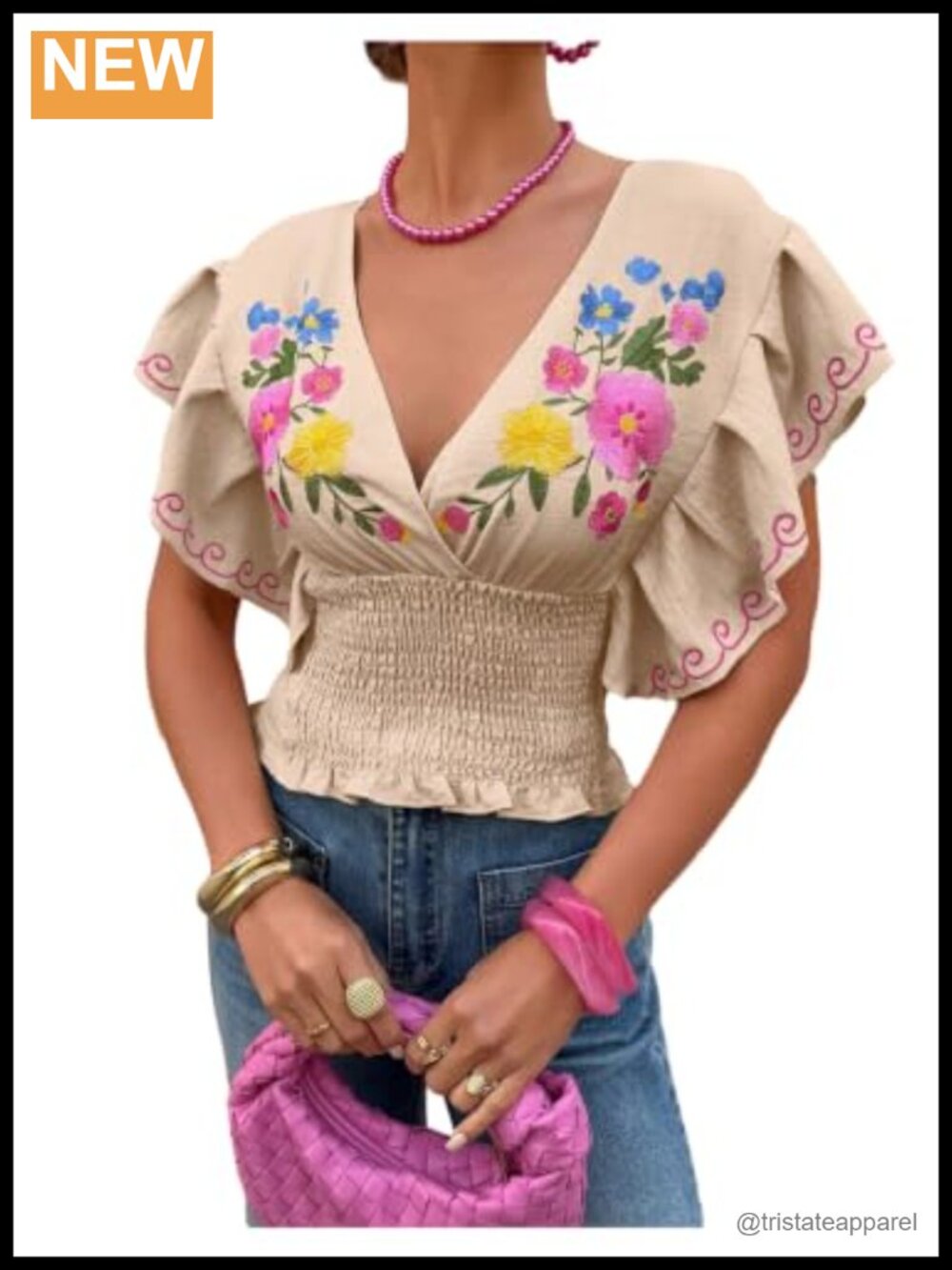 Women's Floral Embroidery Shirred Cinched Waist Ruffle Sleeve Deep V Neck